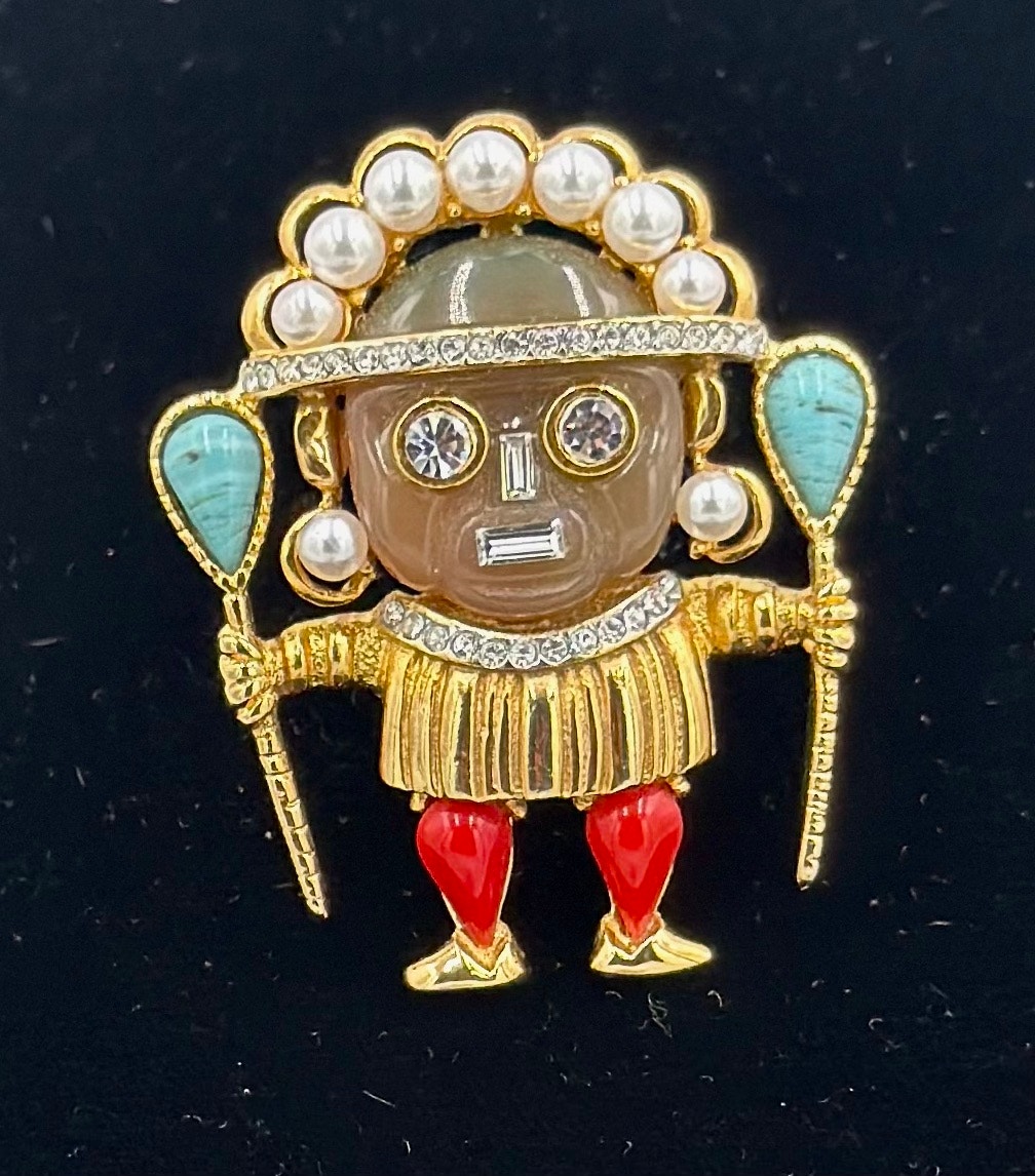 Kenneth Lane Jkl Gold Plated, Lucite, Rhinestones Aztec Medicine Man Pin Brooch